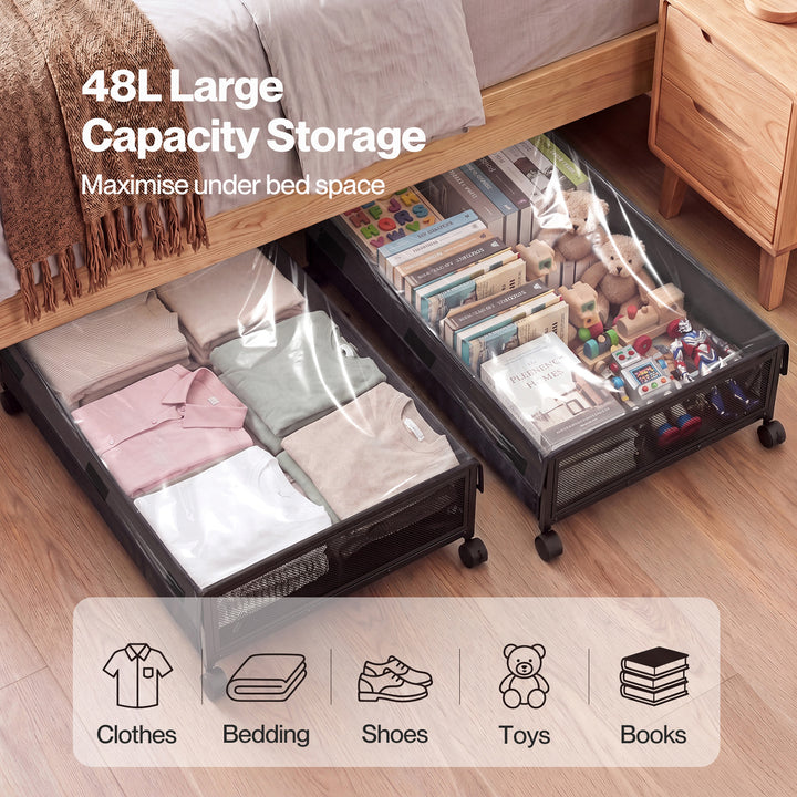 Under Bed Storage Box 2PCS Wheels Clothes Organizer Dustproof 2 x 48L