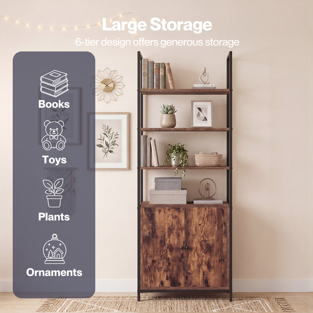 6 Tier Bookshelf Storage Cabinet Bookcase Display Adjustable Shelves Door