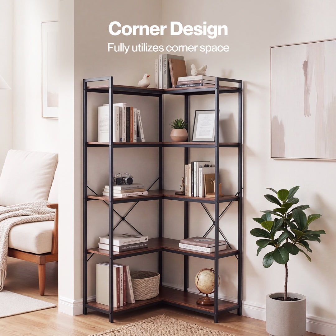 Corner Bookshelf 5 Tier Bookcase L Shape Storage Shelf Display Rack Brown