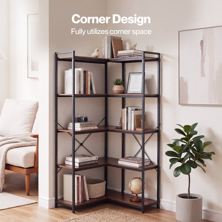 Corner Bookshelf 5 Tier Bookcase L Shape Storage Shelf Display Rack Brown