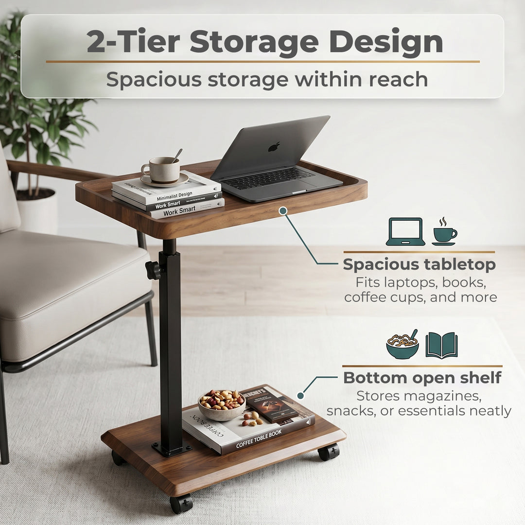 C Shaped Side Table Height Adjustable Rolling 360° Swivel Top End Table
