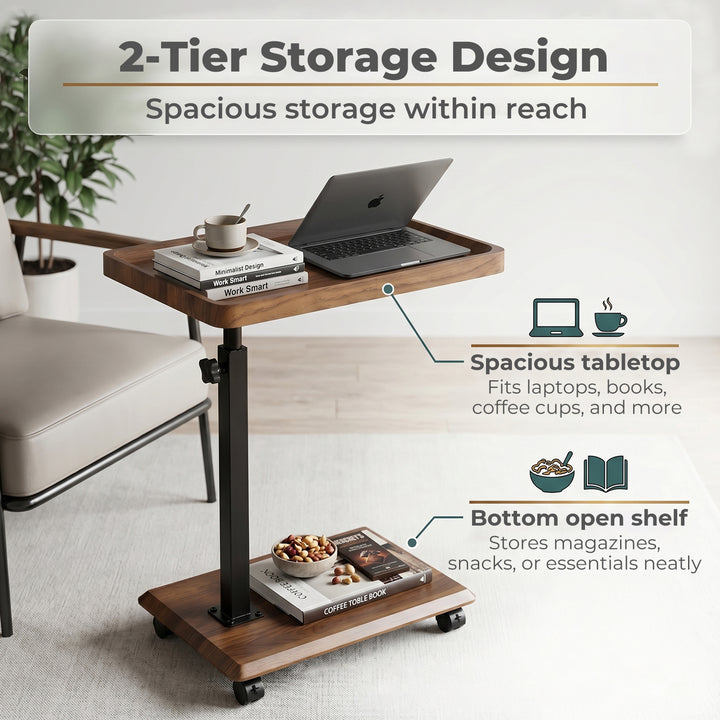 C Shaped Side Table Height Adjustable Rolling 360° Swivel Top End Table