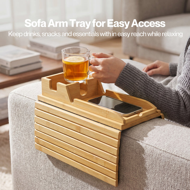 Bamboo Sofa Arm Tray Cup Holder Detachable Couch Side Table Non-Slip