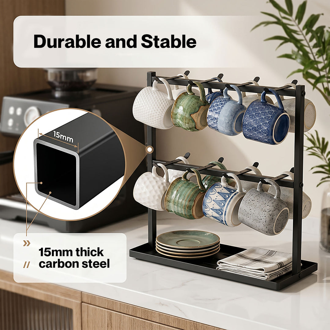 Mug Rack 2 Tier 16 Hook Metal Coffee Cup Holder Stand Organizer Kitchen