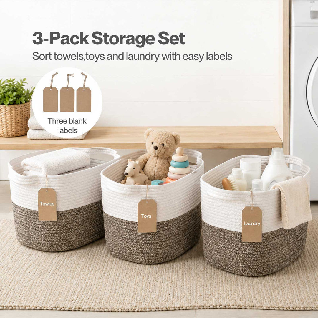 Storage Baskets Laundry Bins 3Pcs Foldable with Handles Cotton Rope Brown