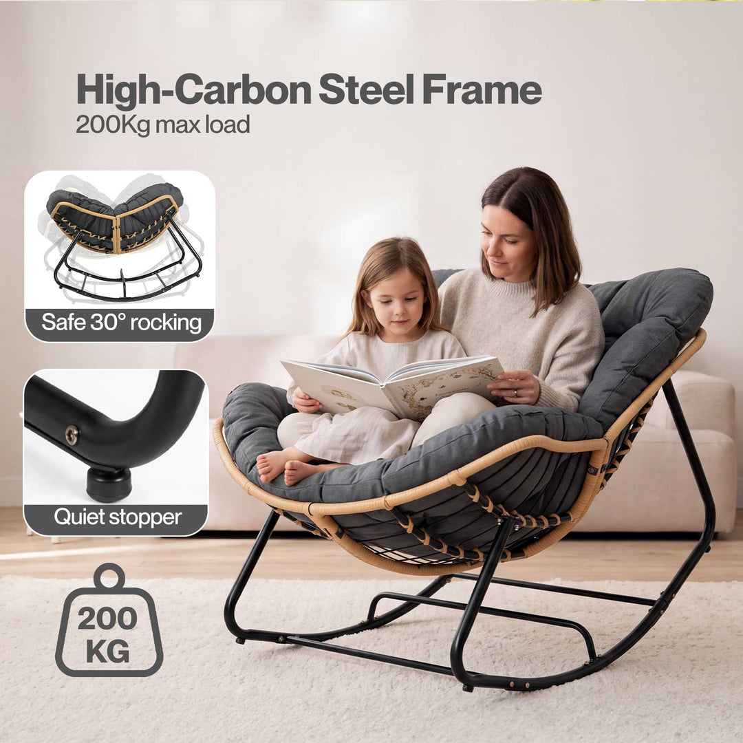 Rocking Chair with Thick Cushion PE Rattan Silent Strip Indoor Patio Grey