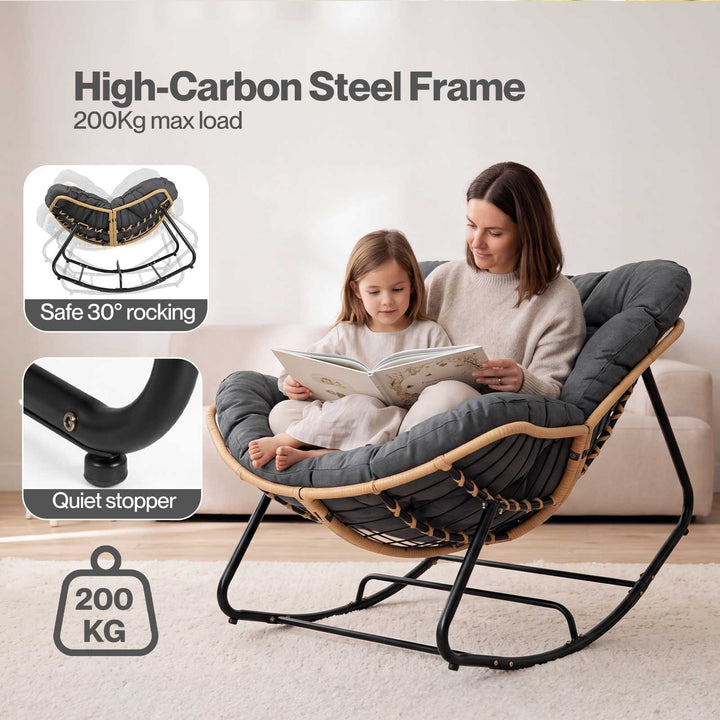 Rocking Chair with Thick Cushion PE Rattan Silent Strip Indoor Patio Grey
