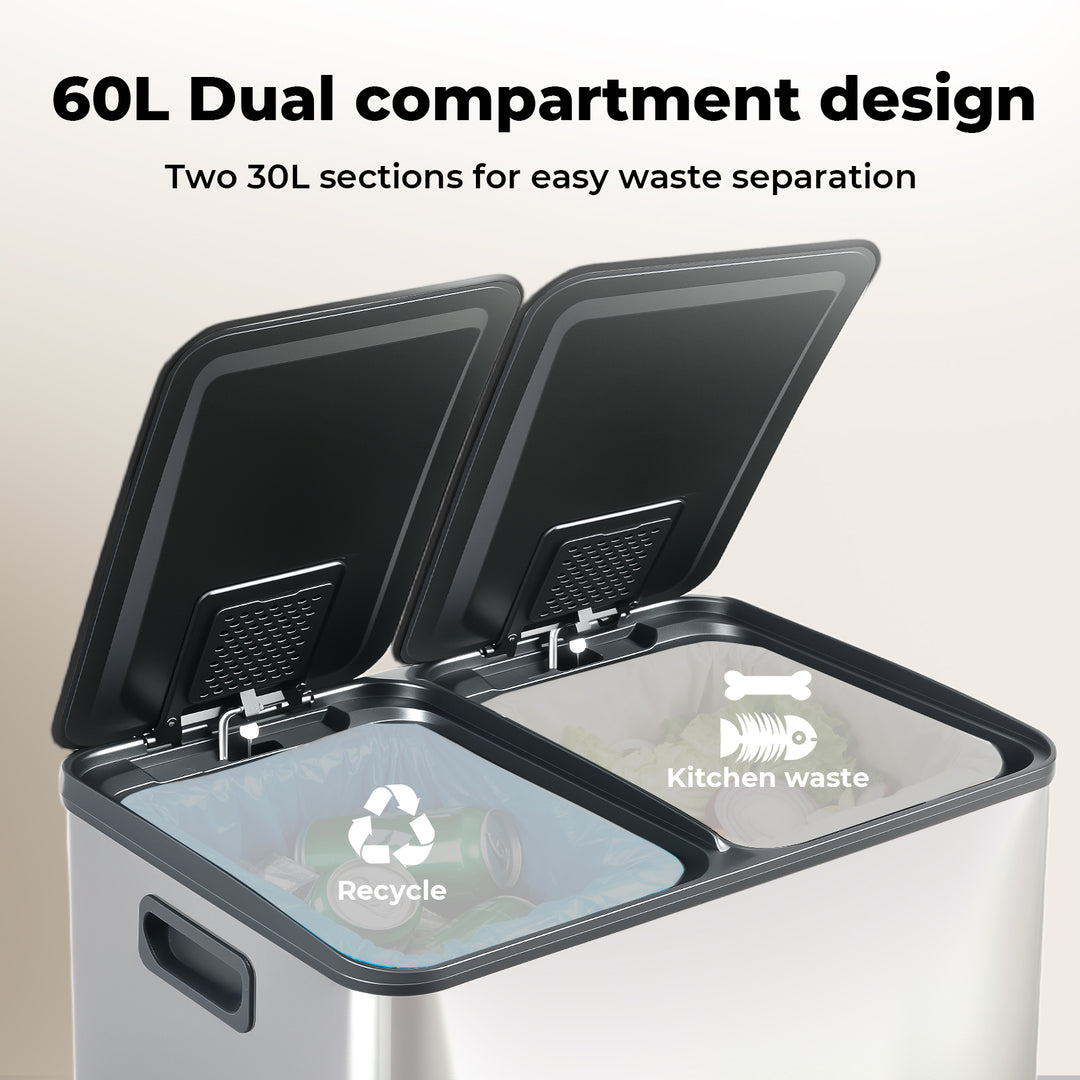 60L Pedal Bin Stainless Steel Kitchen Trash Waste Can Recycling Dustbin