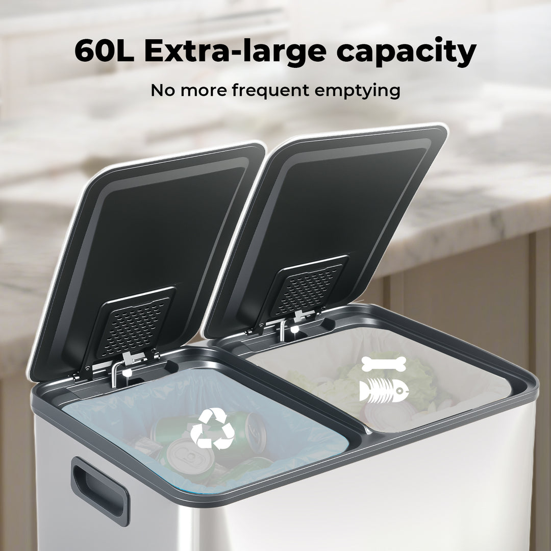 Toque 60L Pedal Bin Stainless Steel Kitchen Trash Waste Can Recycling Dustbin