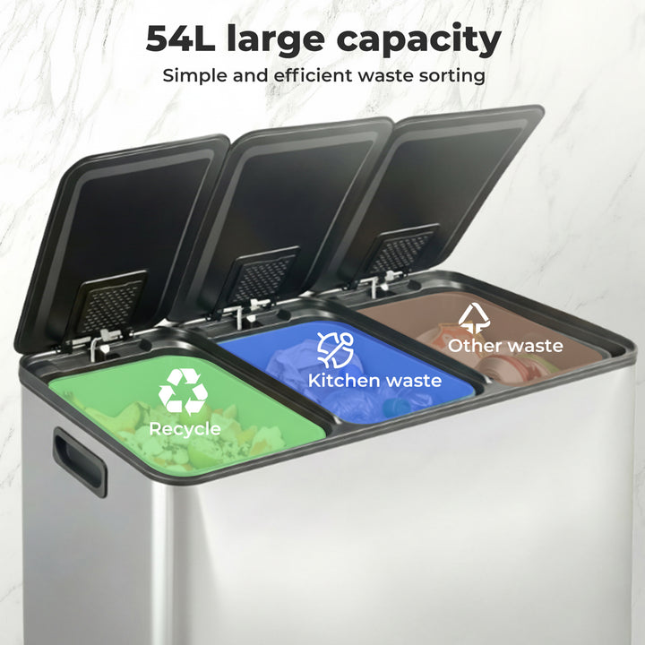 Kitchen Bins 54L Pedal Soft Close Lid Kitchen Recycling Bin Silver