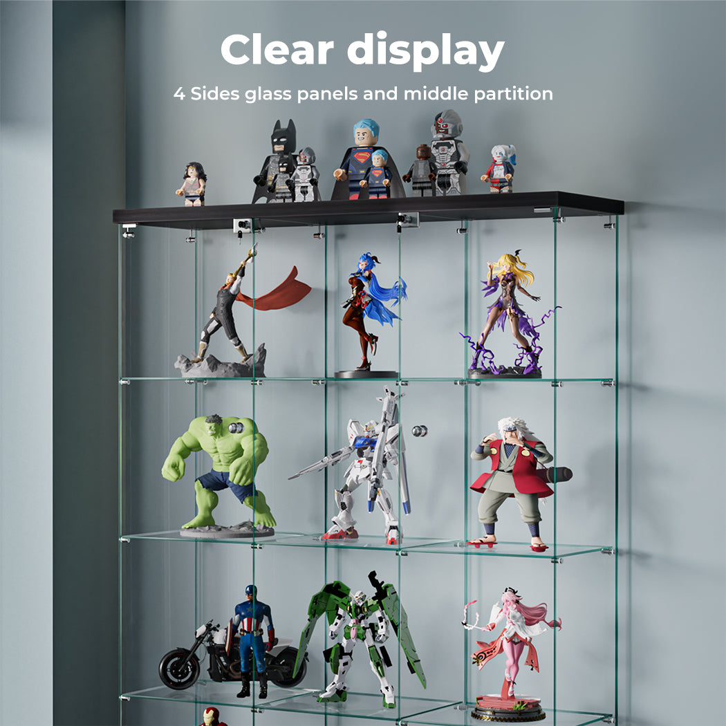 Glass Display Cabinet 4 Tier Lockable Wheeled Key Showcase Storage 169cm