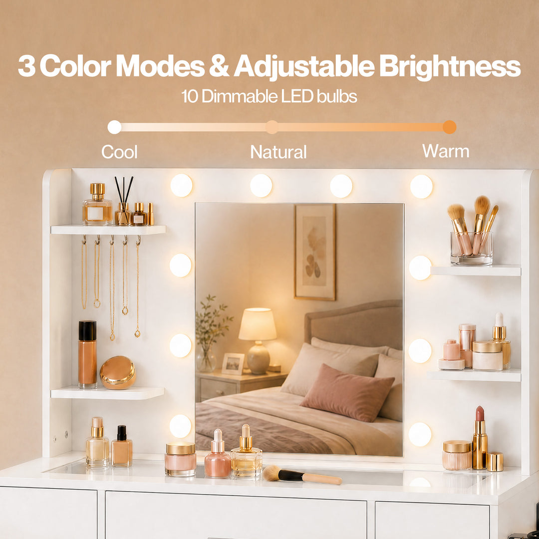 Dressing Table Makeup Vanity with Lights Glass Desktop 7 Drawers White