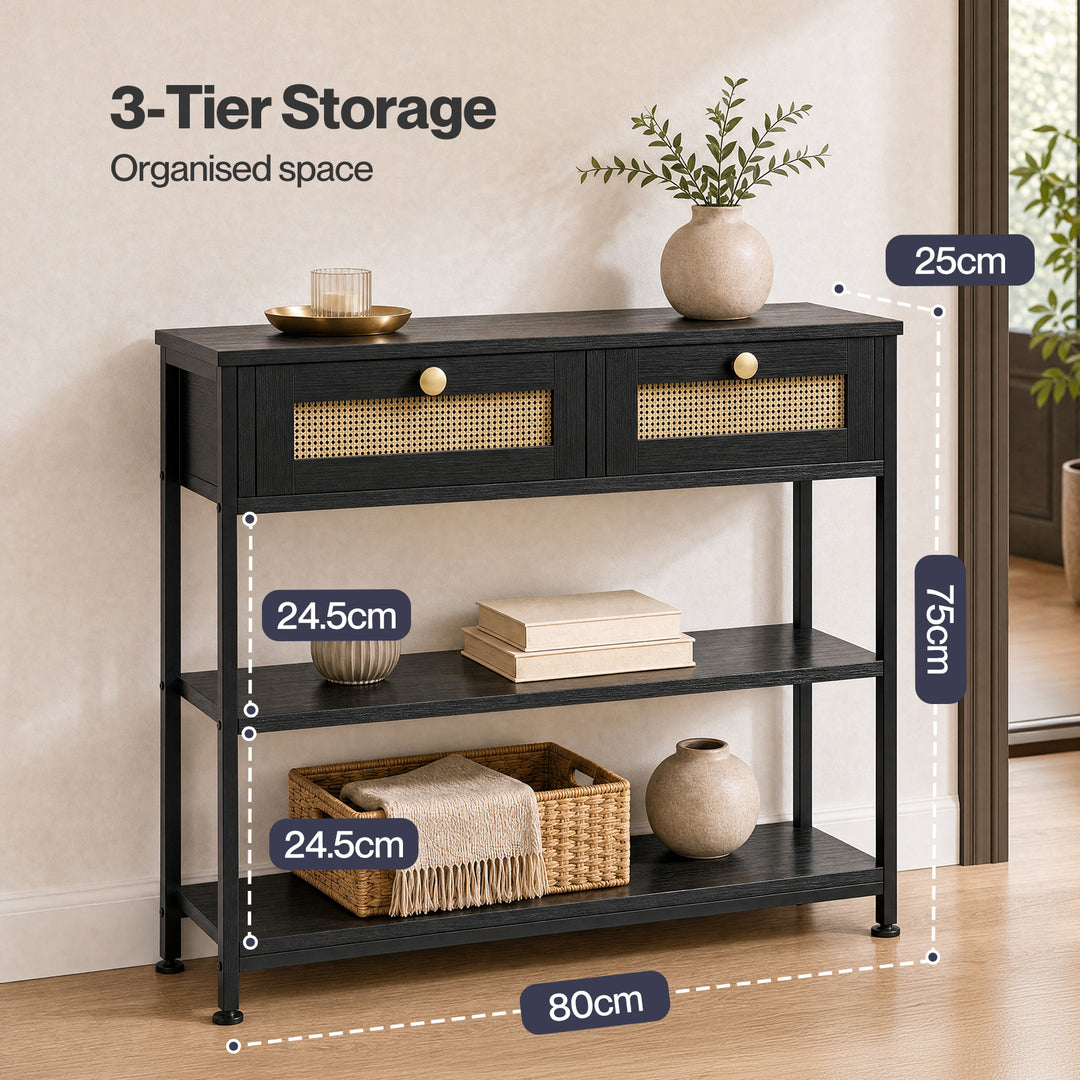 Console Table with Drawers 3-Tier Slim Hallway Table 80cm Entryway Black