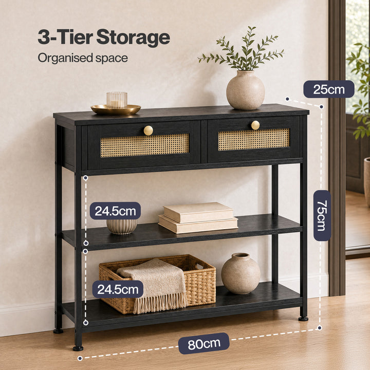 Console Table with Drawers 3-Tier Slim Hallway Table 80cm Entryway Black