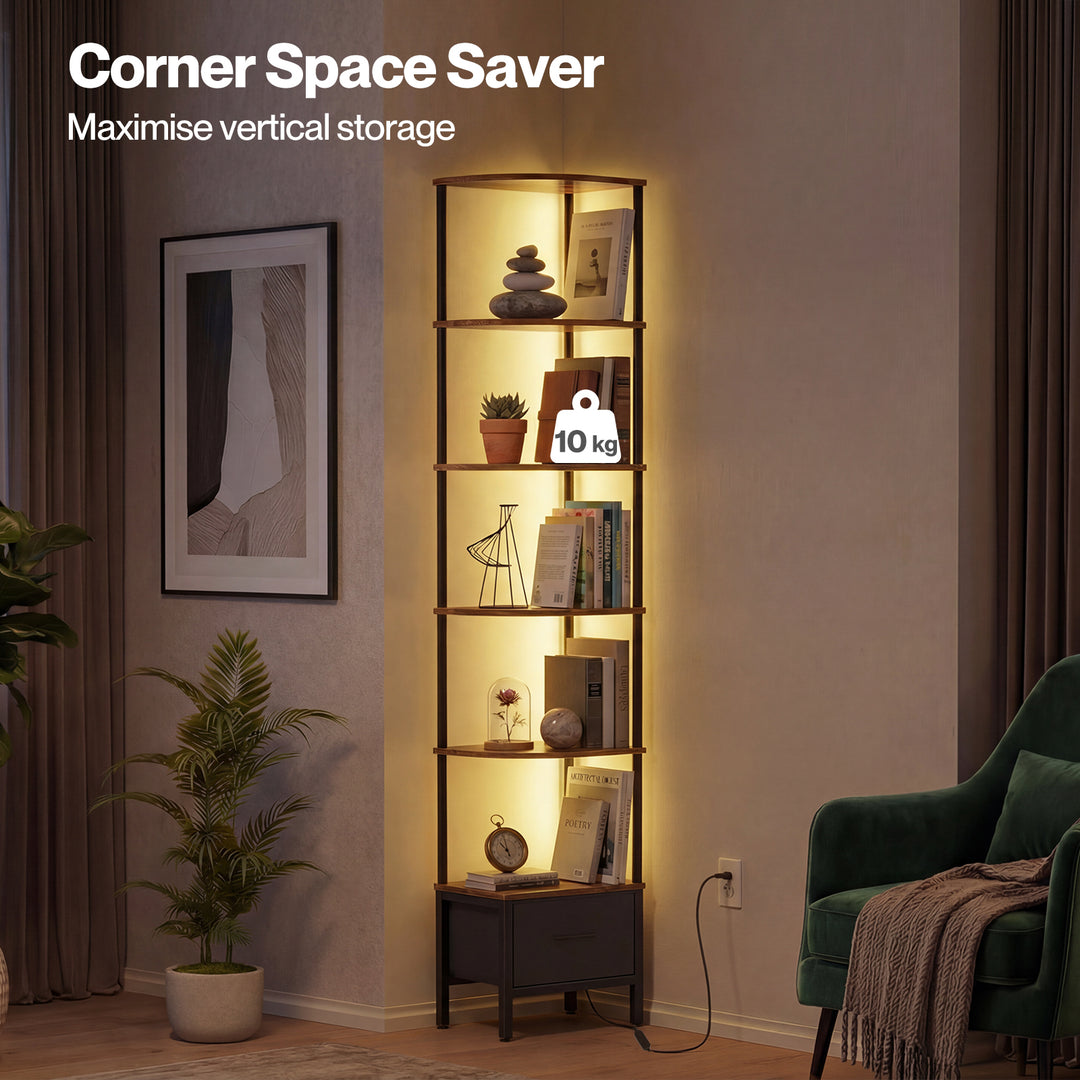 Corner Bookshelf Corner Shelf Unit 6-Tier with LED Light Drawer Brown