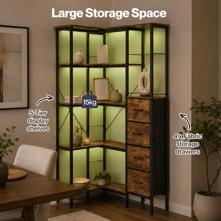Corner Bookshelf with 4 Fabric Drawers & LED Light 5 Tier Bedroom Rustic