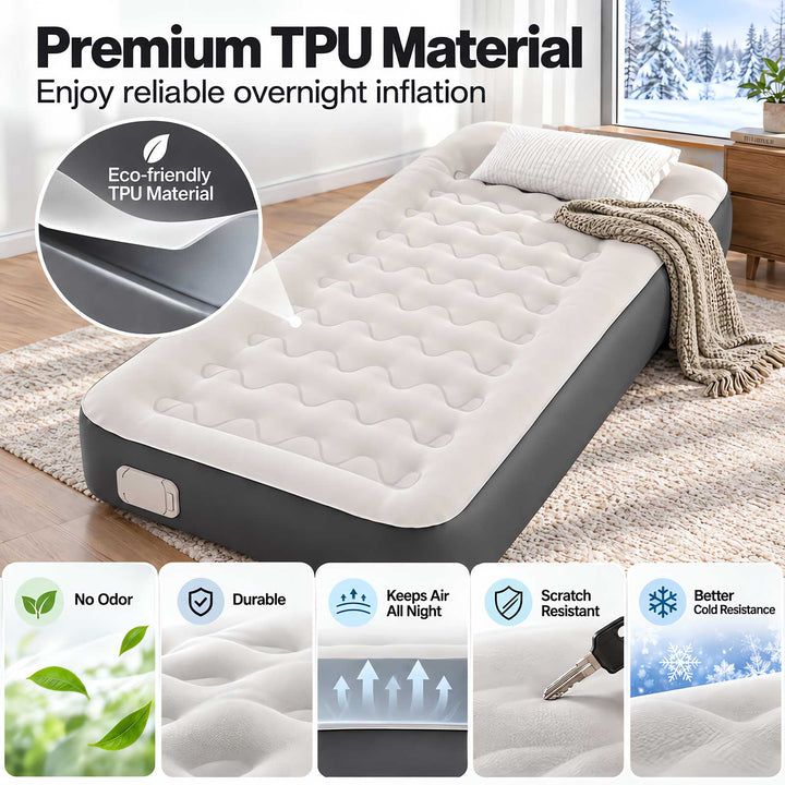 Inflatable Mattress TPU Air Bed with Pillow Pump Camping Single Grey