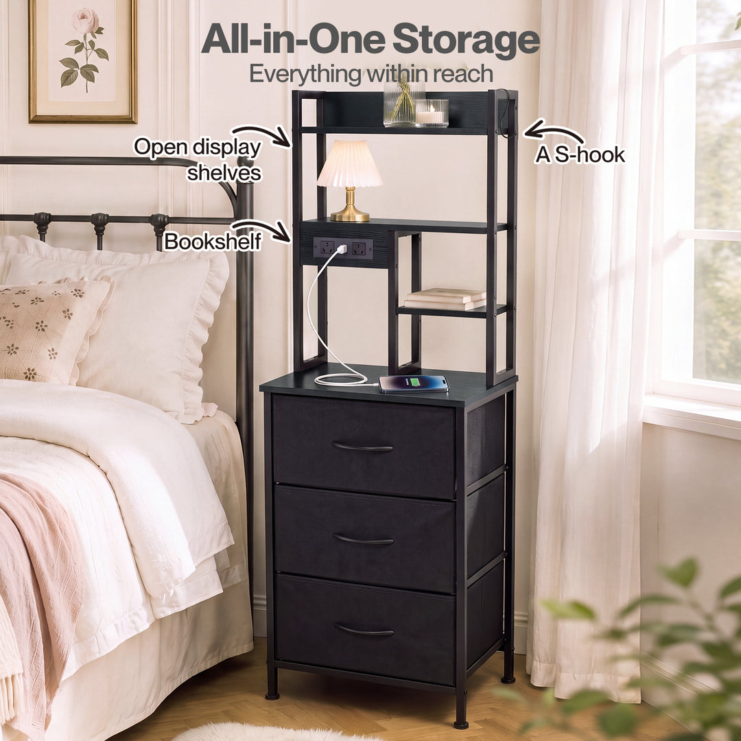 Bedside Table with Charging Station 3 Drawer RGB Light Night Stand Black