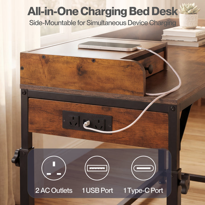 Overbed Table 180cm 84-109cm Mobile with Charging Station Bedroom Brown