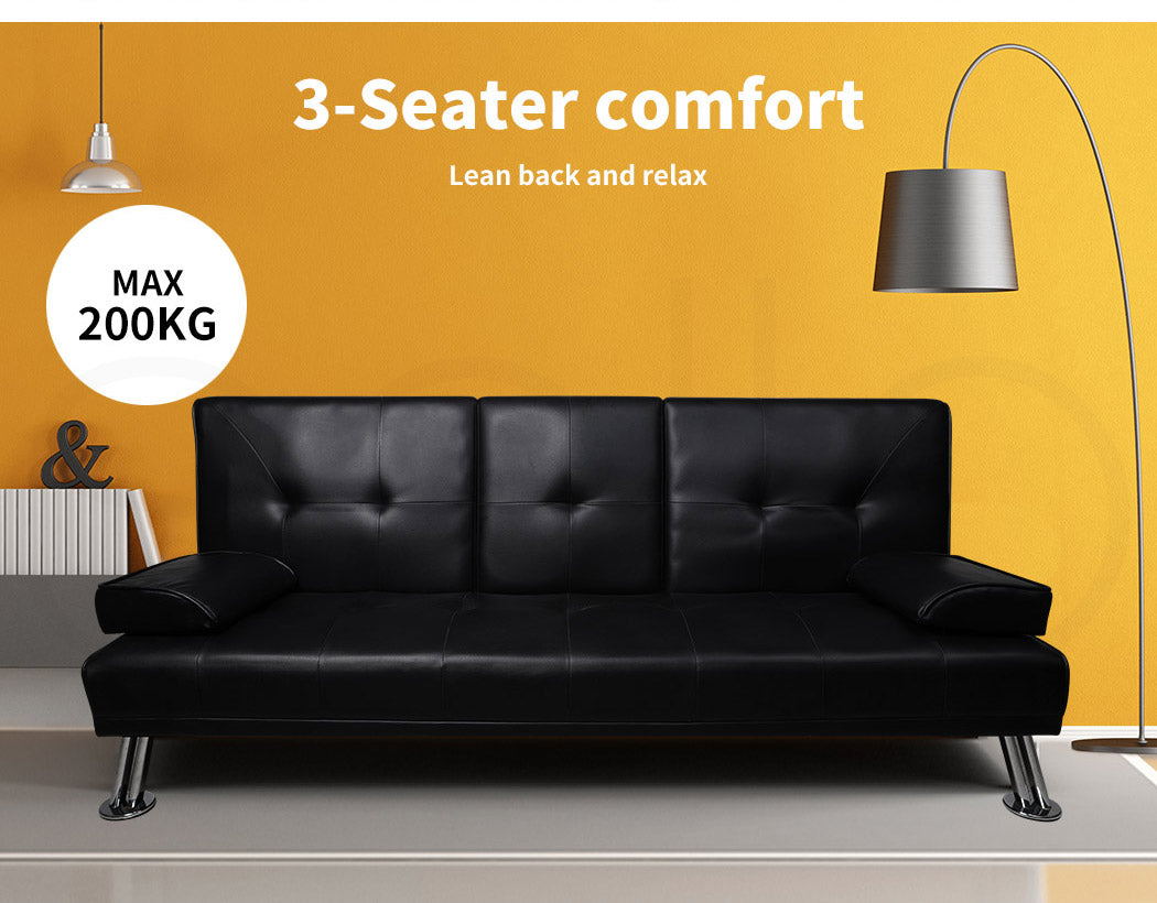 Sofa Bed Adjustable Recliner Lounge Couch Leather 3 Seater Cup Holder