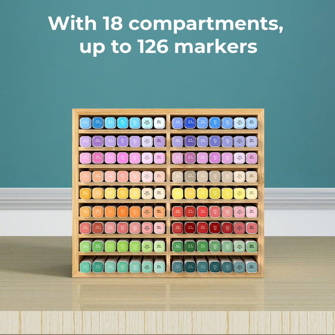 Natural Bamboo Marker Organizer Large Capacity Holder for 126 Markers.