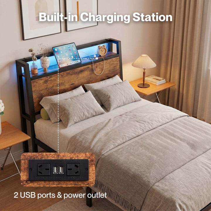 Levede Single Bed Frame LED Lights USB Charging Storage Headboard Metal Platform