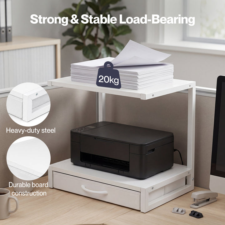 2 Tier Printer Stand Storage Shelf Desk Organiser Rack Drawer Office