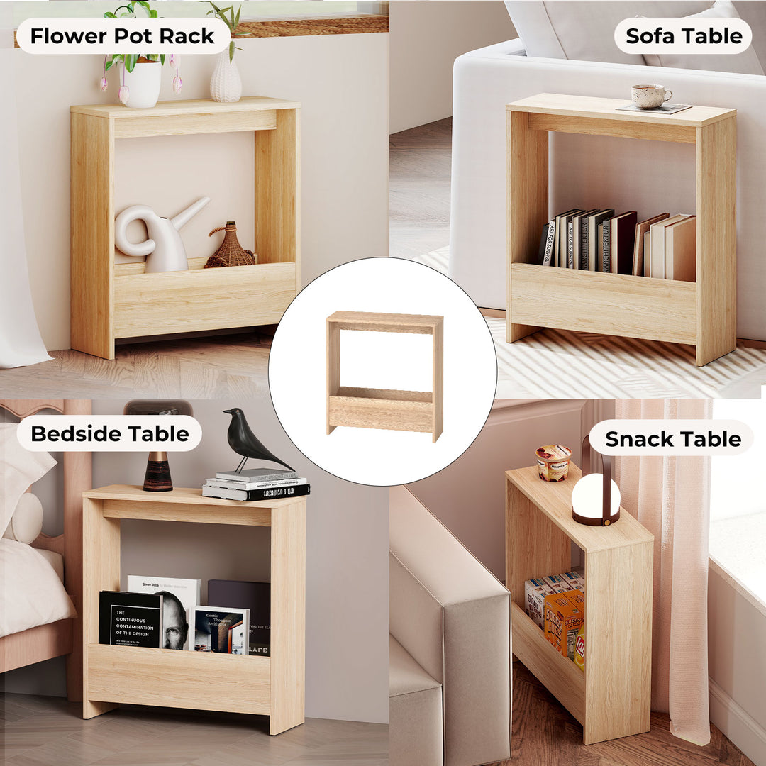 Side Table with Magazine Rack Small End Table Narrow Coffee Table Oak
