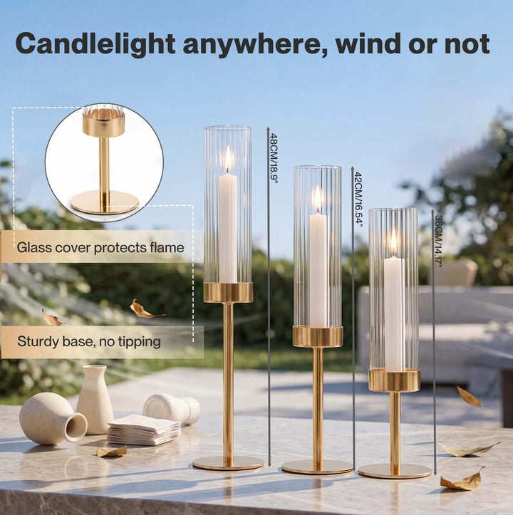 Candle Holder 3Pc Removable Windproof Glass Shade Metal  Gold