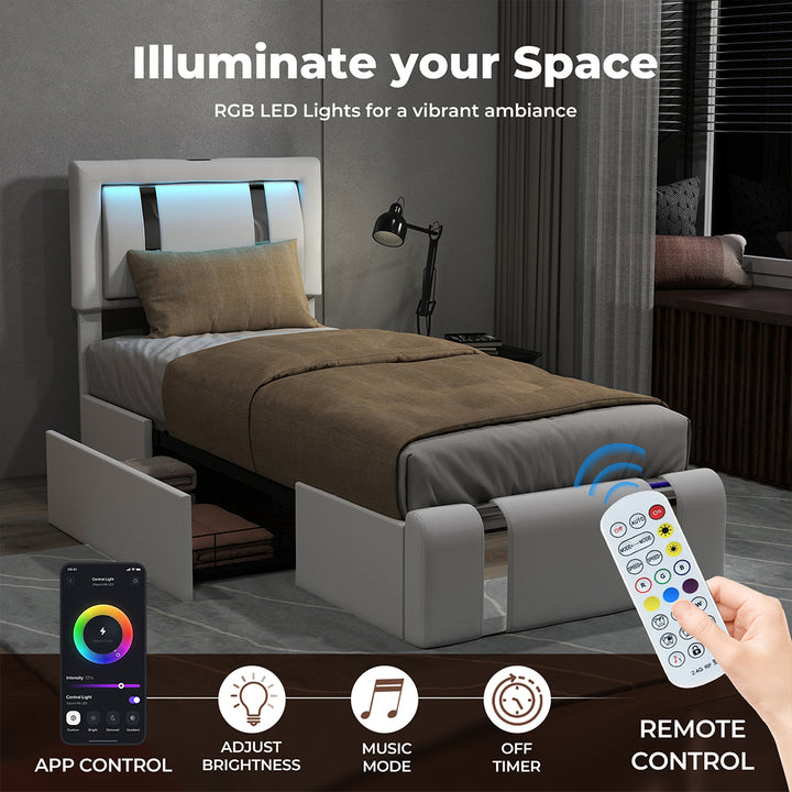 Bed Frame Adjustable Soft Headboard LED Lights Drawers USB Charge