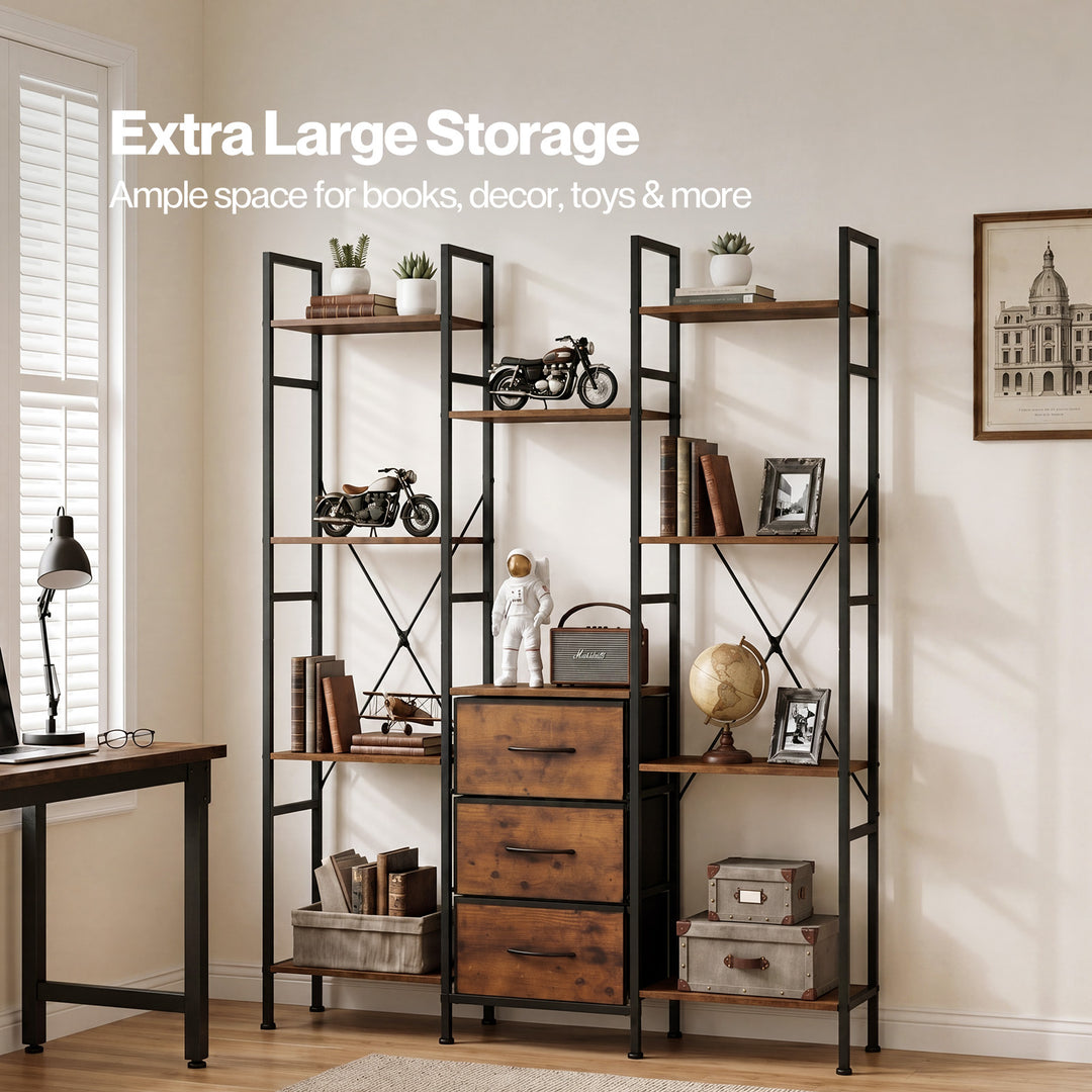 Bookshelf 10 Open Cubes 3 Fabric Drawers Wood Black