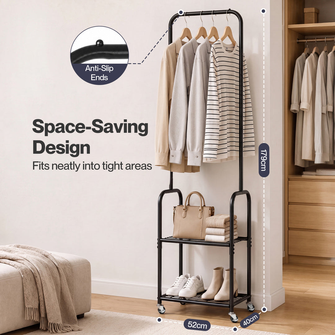 Clothes Rack Heavy Duty Garment Rack 2 Shelf Locking Wheels Bedroom Black