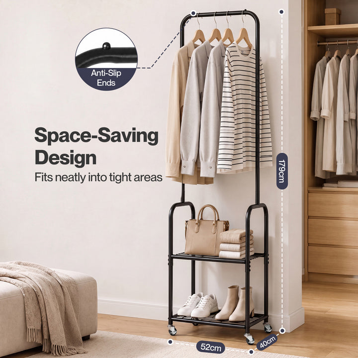 Clothes Rack Heavy Duty Garment Rack 2 Shelf Locking Wheels Bedroom Black