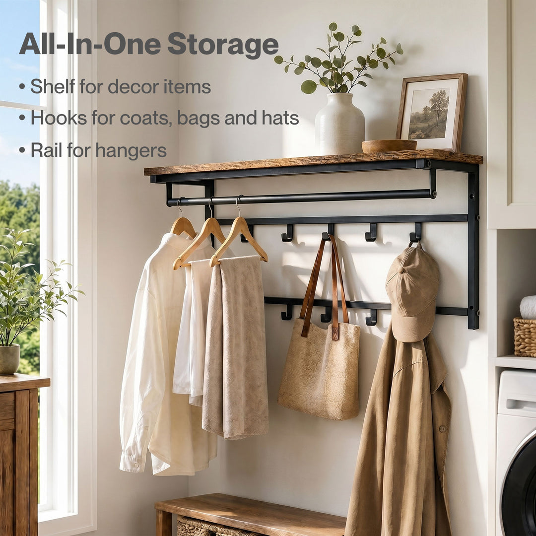 Floating Shelves 10kg Wall Shelf Hooks Coat Rack Metal Wood Black