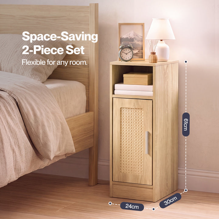 Narrow Bedside Table 2 Pcs with Storage Boho Rattan Wood