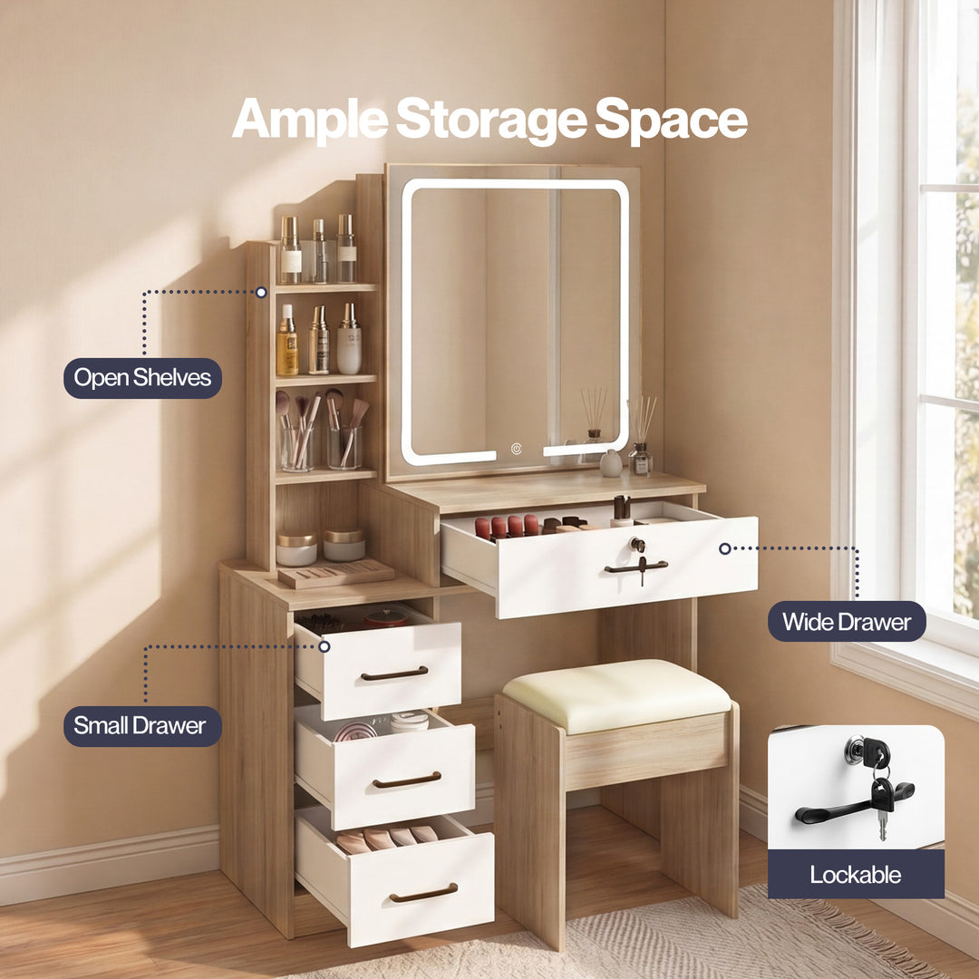 Dressing Table Vanity Stool Set Sliding LED Mirror Makeup Storage Shelves