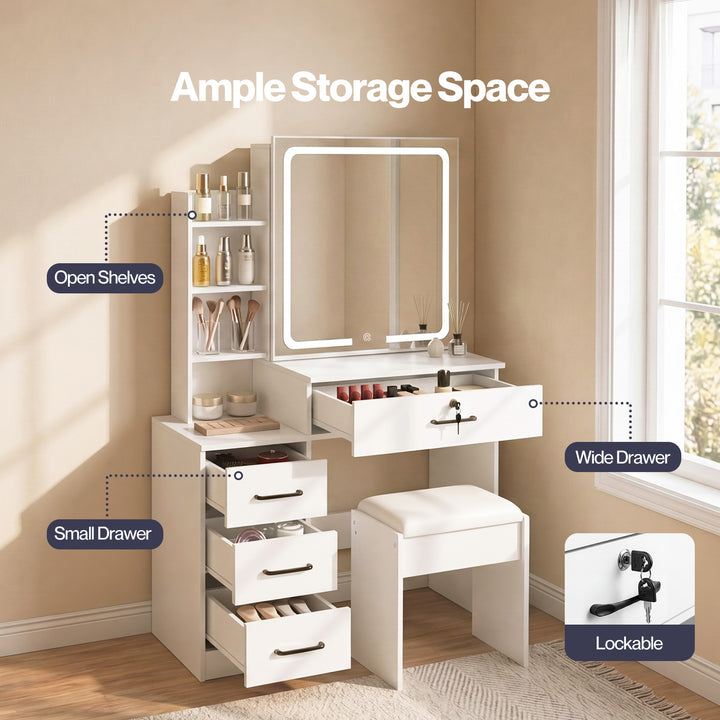 Dressing Table Vanity Stool Set Sliding LED Mirror Makeup Storage Shelves