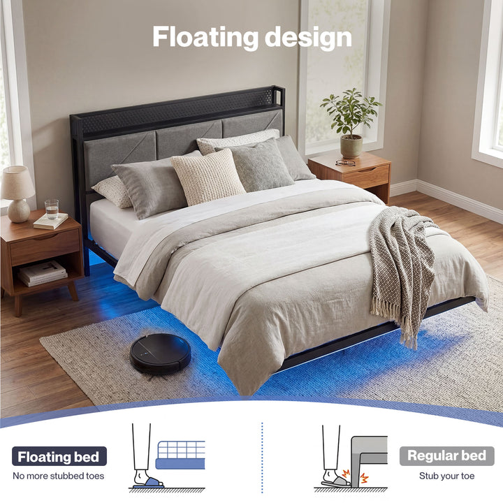 Floating Bed Frame Double LED USB Power Storage Headboard Metal Base