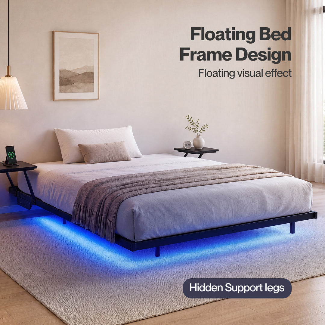 Double Bed Frame Floating Frame with Storage Shelves RGB Lights Black