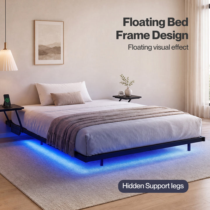 Double Bed Frame Floating Frame with Storage Shelves RGB Lights Black