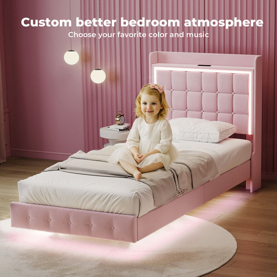 Single Floating Bed Frame With RGB LED Light Headboard USB Charge