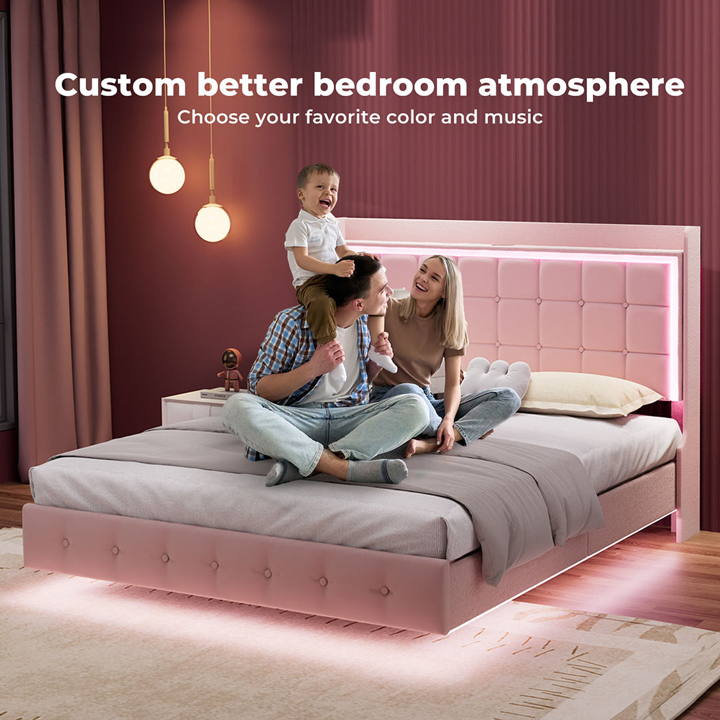 King Floating Bed Frame With RGB LED Light Headboard USB Charge