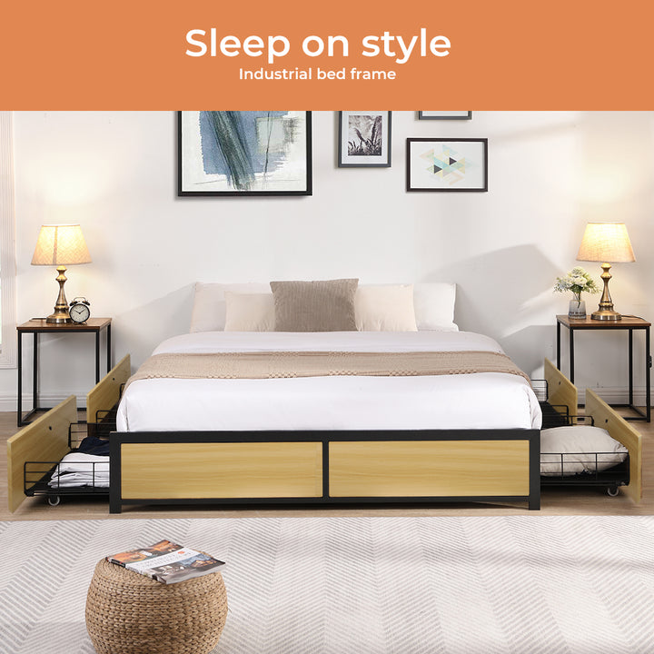 Metal Bed Frame Mattress Base Platform Wooden 4 Drawers Queen Bedding