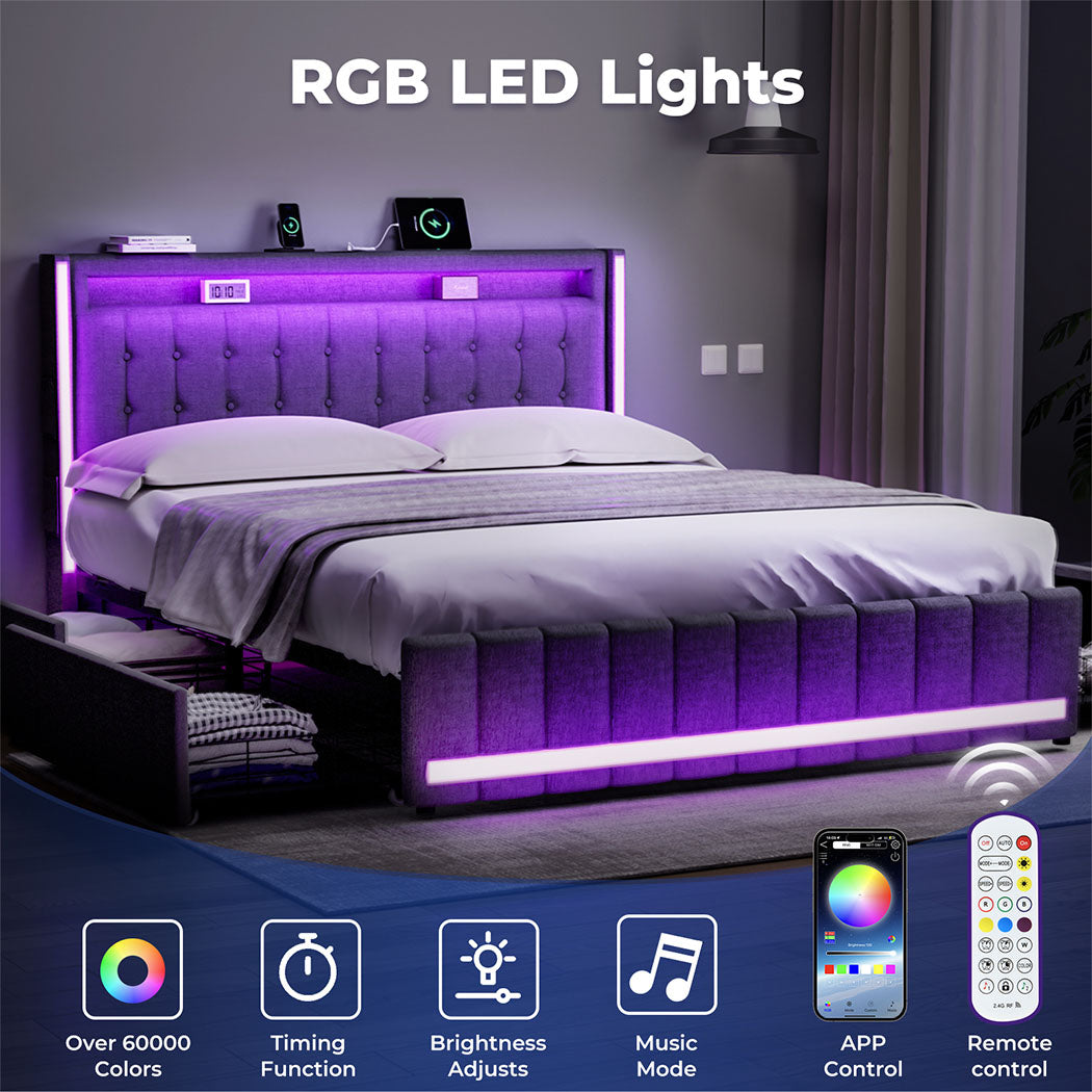 Bed Frame RGB LED Headboard with Drawers