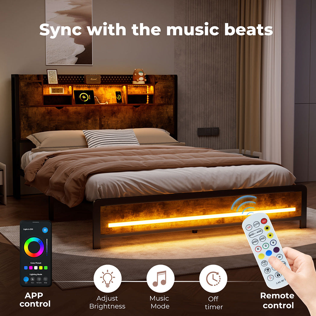 Double Bed Frame Storage Headboard Industrial RGB Light LED Charging