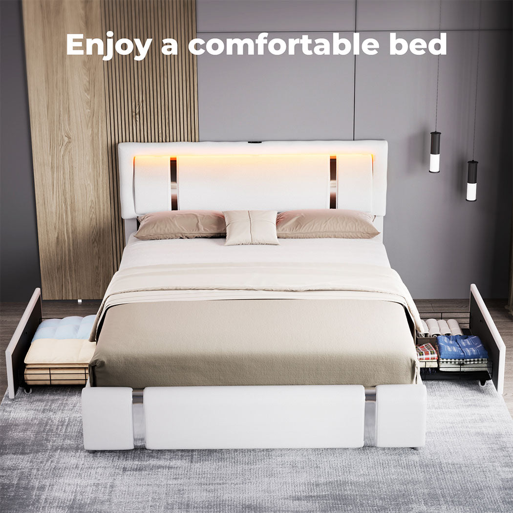 Bed Frame Adjustable Soft Headboard LED Lights Drawers USB Charge