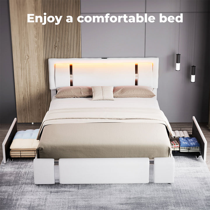 Bed Frame Adjustable Soft Headboard LED Lights Drawers USB Charge