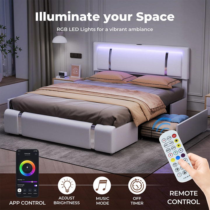 Bed Frame Adjustable Soft Headboard LED Lights Drawers USB Charge