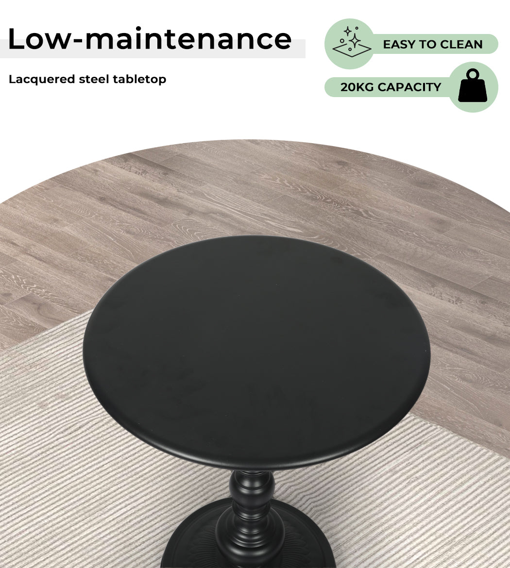 Side Table Vintage End Round Tabletop Steel Base Nightstand Antique Black