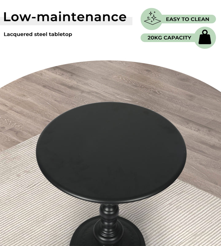 Side Table Vintage End Round Tabletop Steel Base Nightstand Antique Black